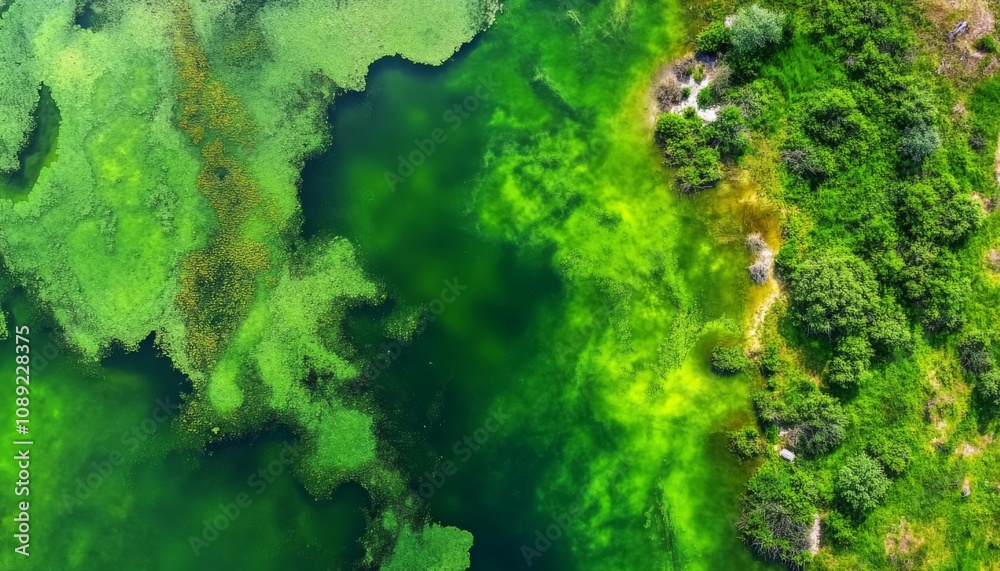 Aerial view of tranquil green water with island, trees, fog creating serene landscape on calm river/lake. Aerial view of tranquil green water with island, trees, fog creating serene landscape on calm river/lake.