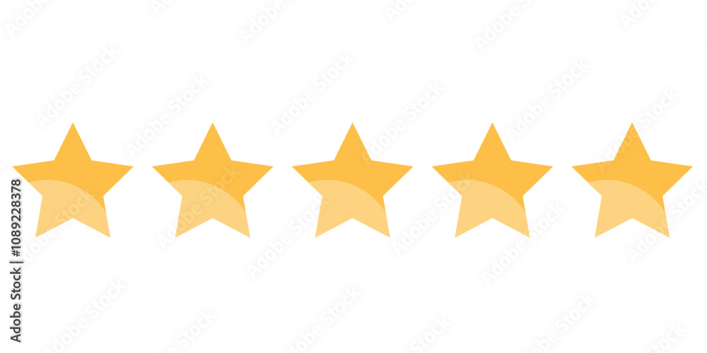 Row of five yellow stars on a white background. Rating and review concept Row of five yellow stars on a white background. Rating and review concept