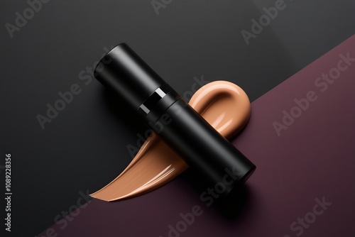 Black matte foundation tube mockup, lying on a curved swipe of beige foundation against a shadowy background