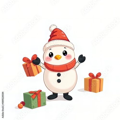 cartoon snowman with a red scarf and hat holding a present.