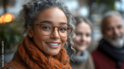 Smiling woman with curly hair and glasses enjoying time with friends outdoors in a cozy setting. Generative AI