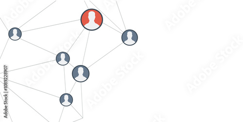 Network connections with profile icons linked by lines, featuring a red highlighted profile. Social network concept.
