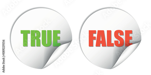 Set of green "True" and red "False" text on curved white stickers. Vector design for quizzes and evaluations.