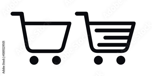 Set of shopping cart icons in black with outline and filled variations. Retail and e-commerce concept