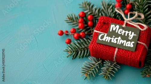 Christmas gift with festive greenery and decor.