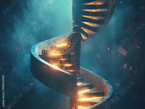 Glowing Spiral Staircase of Light and Books   Symbolic Visualization of Knowledge and Lifelong Learning photo