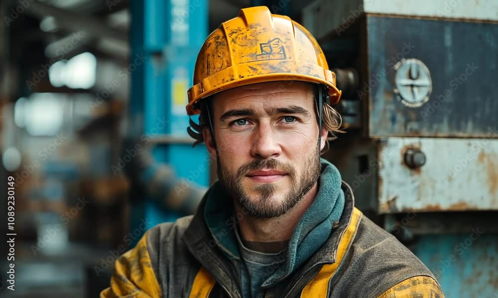 A rugged worker in a yellow hard hat and dirty jacket poses confidently. A rugged worker in a yellow hard hat and dirty jacket poses confidently.