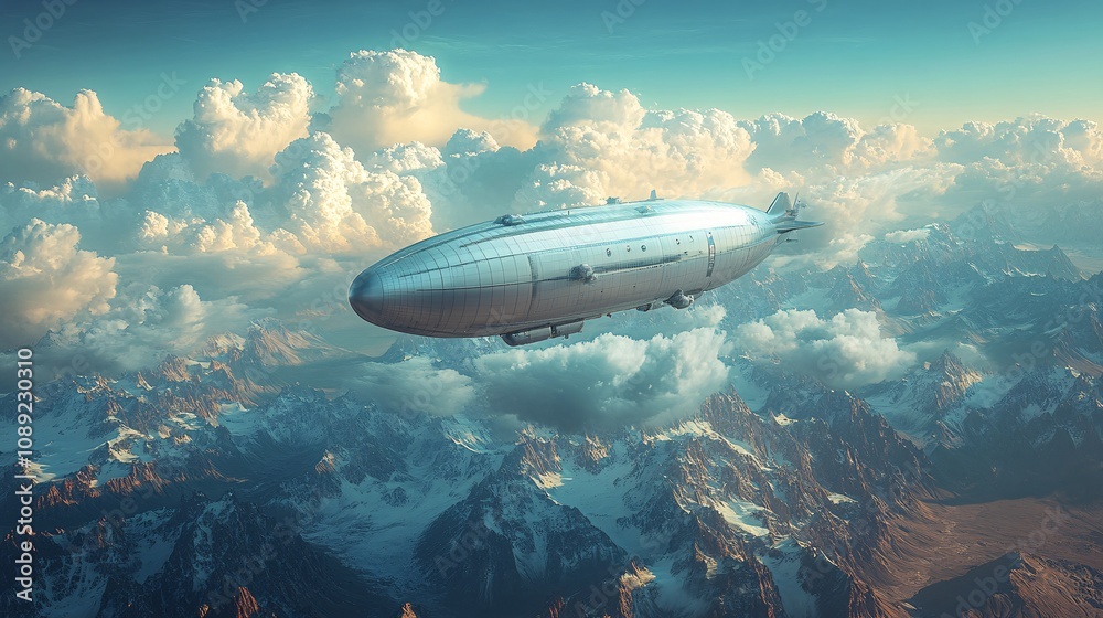 a massive sleek and modern luxury flying zeppelin flying above the vast mountainous deserts a massive sleek and modern luxury flying zeppelin flying above the vast mountainous deserts