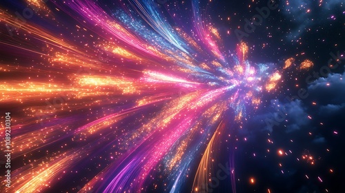 Abstract vibrant light streaks and particles burst from central point in dark space.