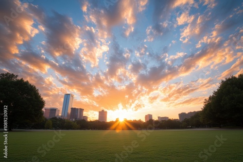 stunning sunset over a city skyline with dramatic clouds