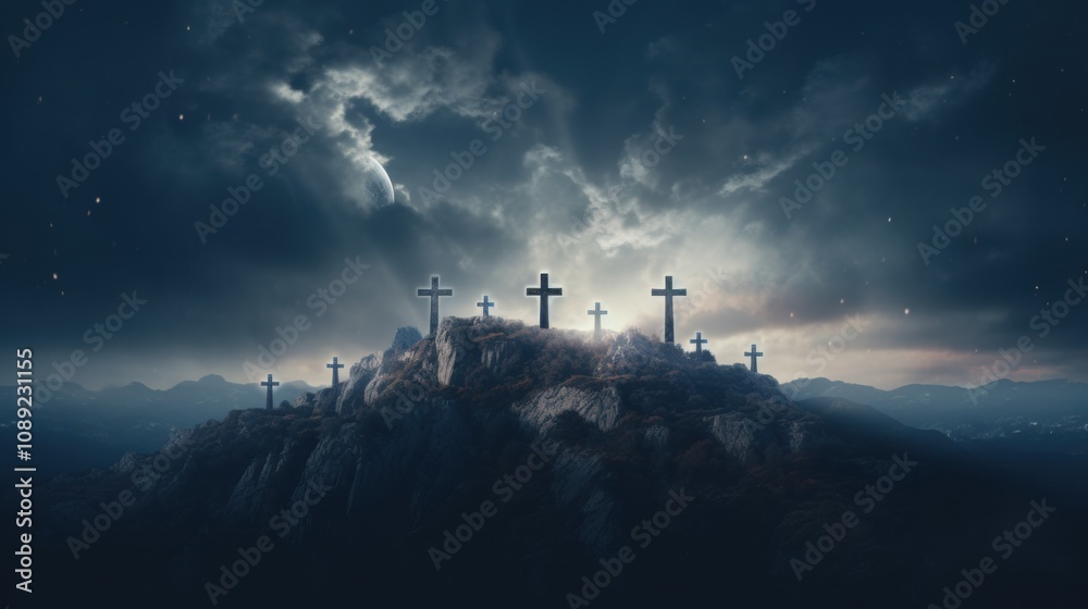 Obraz premium photograph of Three crosses on the hill and Jesus tomb with clouds moving on the starry sky