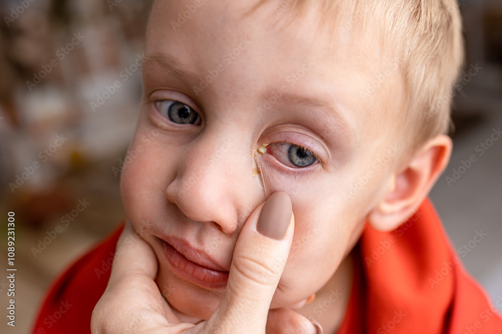 A little baby with soured eyes suffers from conjunctivitis. Purulent conjunctivitis in children A little baby with soured eyes suffers from conjunctivitis. Purulent conjunctivitis in children