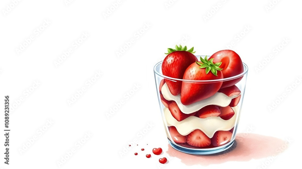 A beautiful watercolor painting of a heart-shaped strawberry dessert in a elegant glass jar on a minimalist background, elegance, strawberry dessert, watercolor art A beautiful watercolor painting of a heart-shaped strawberry dessert in a elegant glass jar on a minimalist background, elegance, strawberry dessert, watercolor art