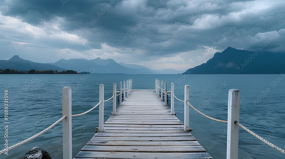 Obraz premium Wooden pier on the sea, dark clouds in front of it, calm water surface, distant view of mountains, panoramic photography