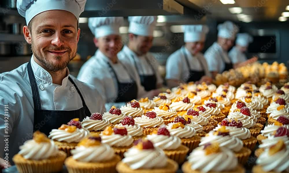 Chef smiling with beautifully decorated cupcakes in a bakery. Chef smiling with beautifully decorated cupcakes in a bakery.