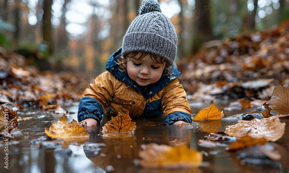 Child playing in a puddle surrounded by autumn leaves. Child playing in a puddle surrounded by autumn leaves.