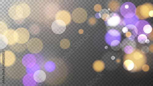 Festive vibrant bokeh lights. Bright blur light effect. Abstract blurred overlay design. Transparent background. Vector illustration.