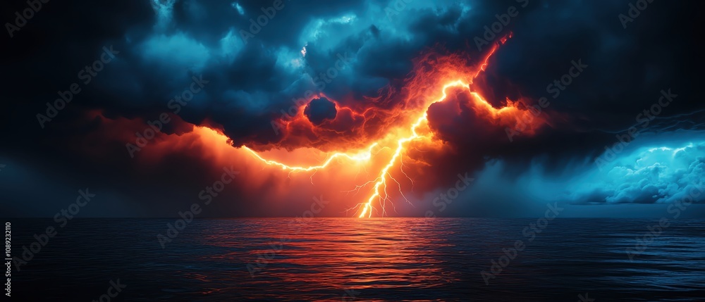Dramatic lightning striking over a dark ocean during a powerful storm. Dramatic lightning striking over a dark ocean during a powerful storm.