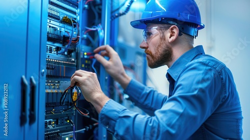 A focused engineer in safety gear performing maintenance on a server rack in a data center, emphasizing technology and precision.