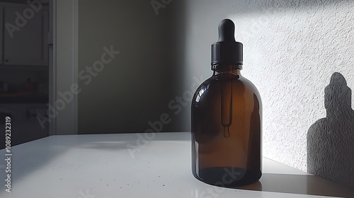 Amber glass bottle with dropper, sunlight.