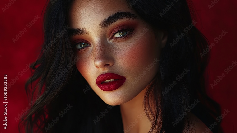 A portrait of a stunning young woman with vibrant maroon makeup. She has rich brunette hair and bold cherry red lipstick. Her long black hair frames her face, adding to her striking appearance. A portrait of a stunning young woman with vibrant maroon makeup. She has rich brunette hair and bold cherry red lipstick. Her long black hair frames her face, adding to her striking appearance.