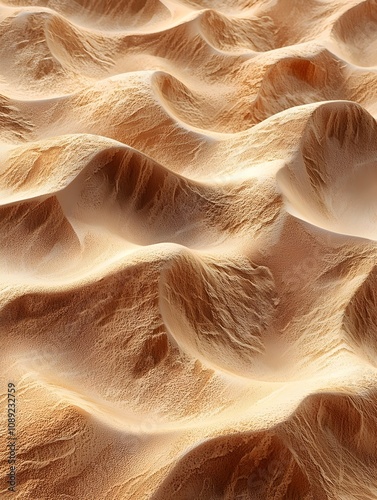 A mesmerizing close-up of golden sand dunes, showcasing intricate patterns and textures. The warm tones create a tranquil and enchanting desert atmosphere. photo