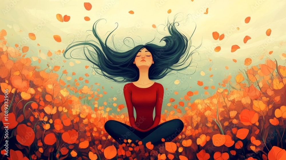 Young woman in lotus pose surrounded by colorful flowers, expressing serenity and tranquility in vibrant scene. Young woman in lotus pose surrounded by colorful flowers, expressing serenity and tranquility in vibrant scene.