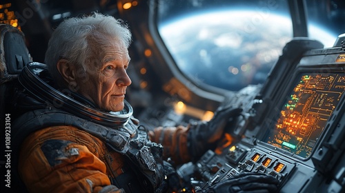Fototapeta Naklejka Na Ścianę i Meble -  A old person back controls the system in the spacecraft. The spacecraft is the earth outside the spacecraft.，