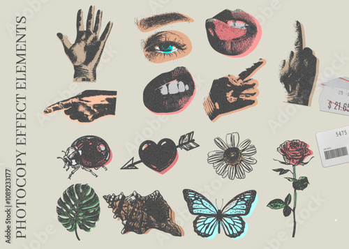 A vector collection with a photocopy effect, which features retro style elements, gestures, flowers, ladybug