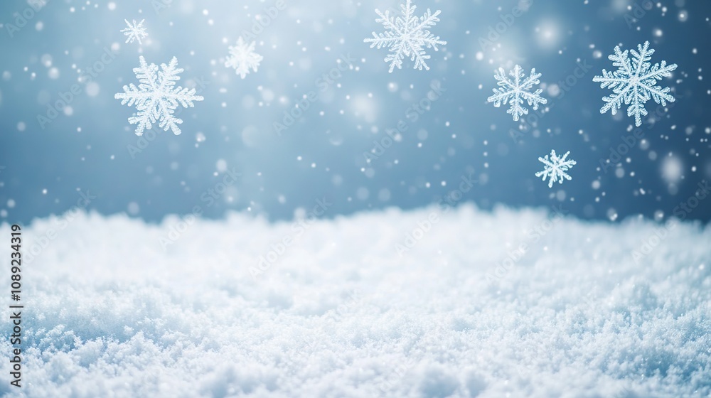 Snowflakes falling gently on snowy surface under blue hue Snowflakes falling gently on snowy surface under blue hue