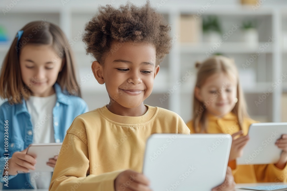 Group of children in a bright classroom engaging with tablets for digital learning, smiling and enjoying interactive educational activities. Group of children in a bright classroom engaging with tablets for digital learning, smiling and enjoying interactive educational activities.