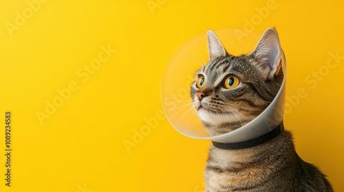 Adorable Tabby Cat with Elizabethan Collar Against Bright Yellow Background, Capturing a Moment of Curiosity and Playfulness in a Veterinary Setting