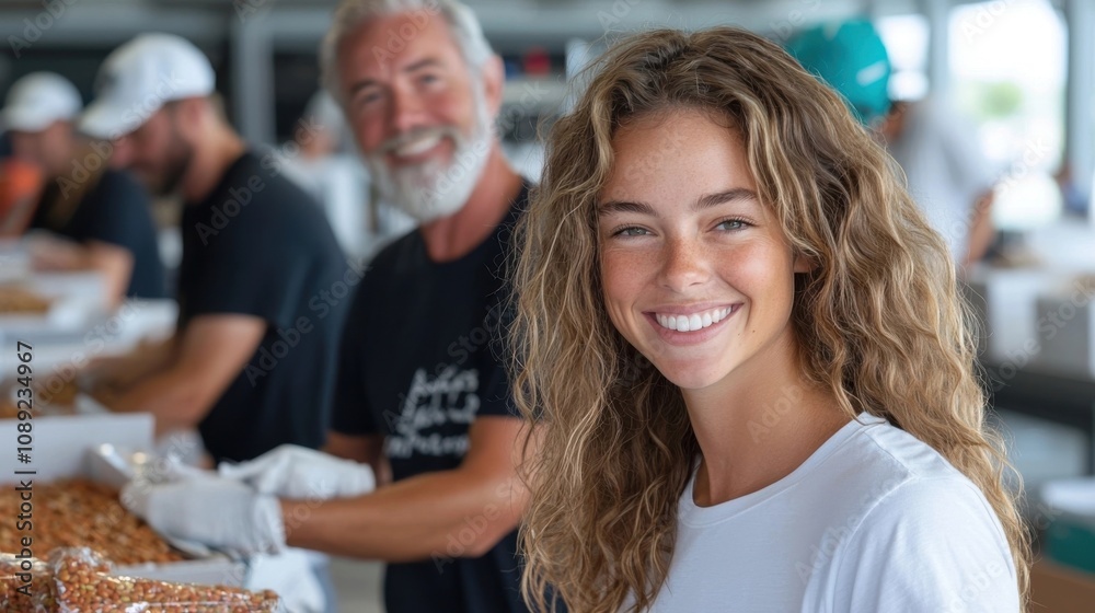 Fototapeta premium Cheerful young woman with curly blonde hair smiling and baking or cooking in a cozy homey kitchen environment filled with domestic decor and kitchen appliances She appears relaxed happy