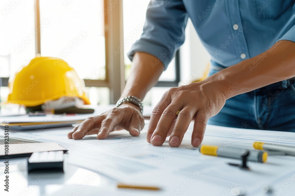 An engineer's hands reviewing detailed blueprints on a desk, surrounded by technical tools, with a yellow safety helmet in a bright workspace. An engineer's hands reviewing detailed blueprints on a desk, surrounded by technical tools, with a yellow safety helmet in a bright workspace.