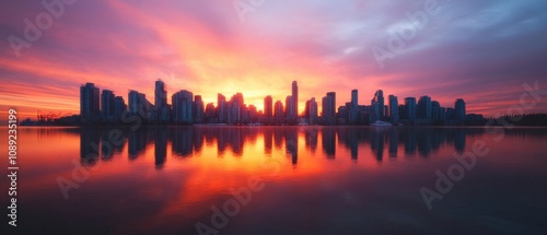 stunning sunset over a city skyline reflecting on water