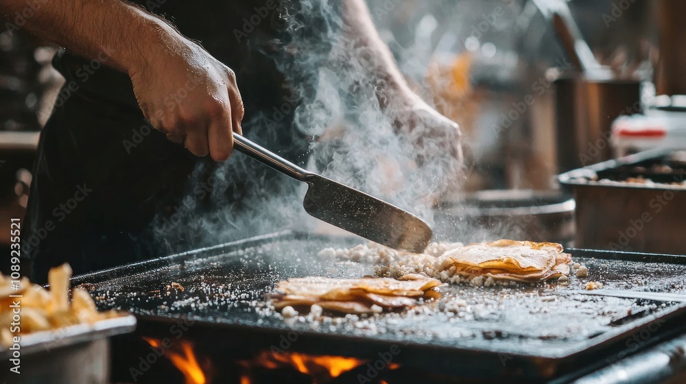 Person flipping pancakes on a hot griddle with a spatula Person flipping pancakes on a hot griddle with a spatula
