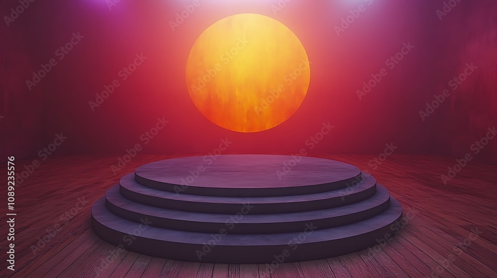 Obraz premium Circular stage with layered platform under a large, fiery orange sun in a dark room.