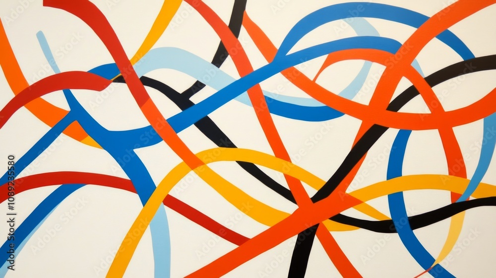 Fototapeta premium Dynamic Abstract Painting with Bright Red, Orange, Blue, and Black Lines on White Background, Creating Movement and Depth