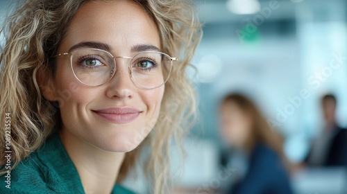 Smiling Blonde Woman with Eyeglasses Participating in a Business Meeting at the Office