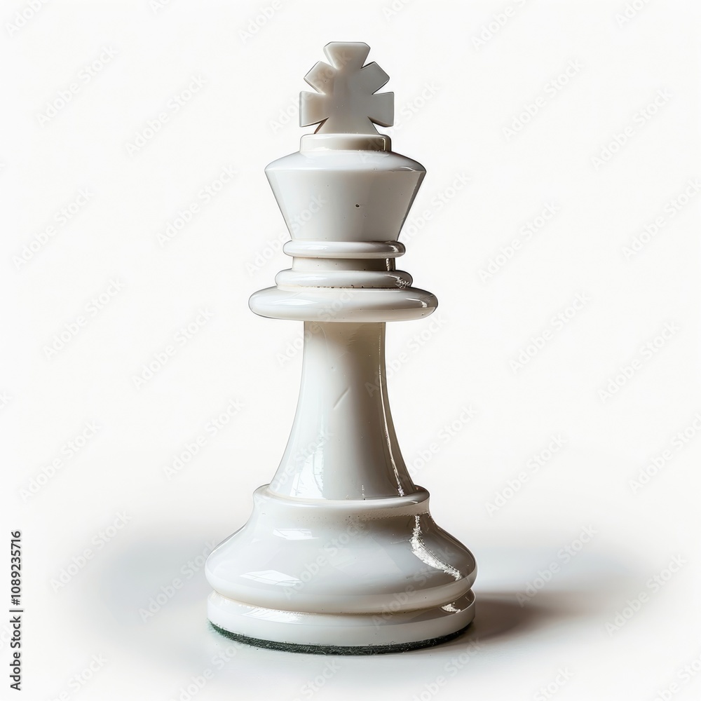 A single white chess king piece stands isolated on a white background. A single white chess king piece stands isolated on a white background.