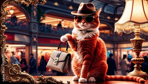 Stylish cat wearing sunglasses, holding handbag, in elegant boutique background photo