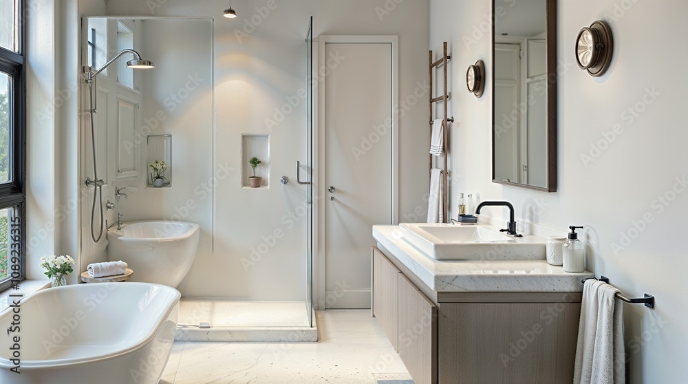 A large modern bathroom with glass shower screen, sink and a large window. A large modern bathroom with glass shower screen, sink and a large window.