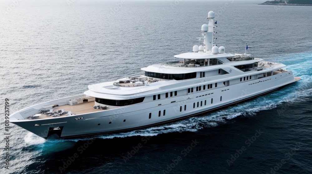 Luxurious Yacht Gliding Through Calm Waters Under the Gentle Sun, Showcasing Elegant Design and Opulence on a Serene Ocean Expedition Experience Luxurious Yacht Gliding Through Calm Waters Under the Gentle Sun, Showcasing Elegant Design and Opulence on a Serene Ocean Expedition Experience