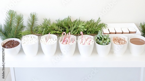 Hot chocolate bar setup with mugs marshmallows photo