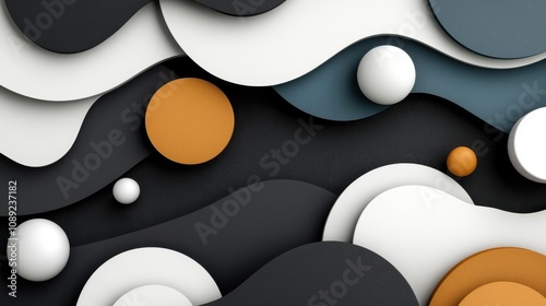 Abstract background with 3D geometric shapes spheres and orbs in a minimalist monochrome color palette  Digital or CGI render with a clean contemporary and futuristic aesthetic photo