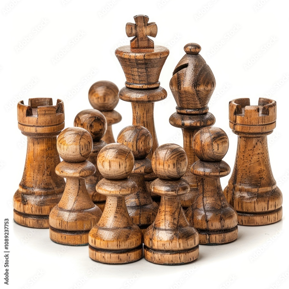 Aged wooden chess pieces displayed on white background. Aged wooden chess pieces displayed on white background.