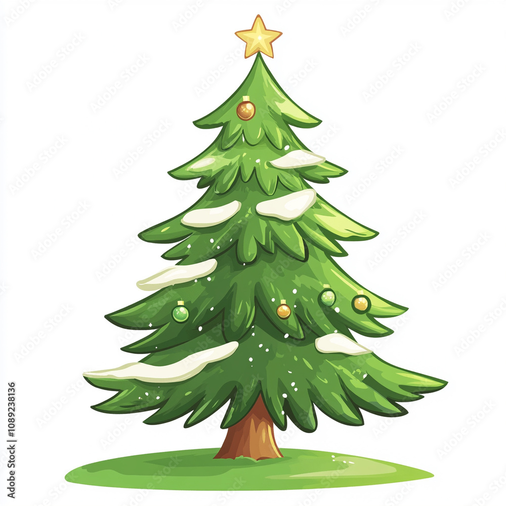 A decorated green Christmas tree with snow, ornaments, isolated on a white background, symbolizing the holiday season and celebration A decorated green Christmas tree with snow, ornaments, isolated on a white background, symbolizing the holiday season and celebration