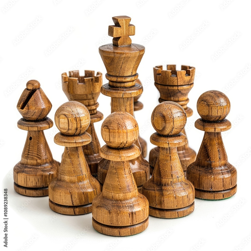 Wooden chess pieces king in the center pawns and rooks surrounding it. Wooden chess pieces king in the center pawns and rooks surrounding it.