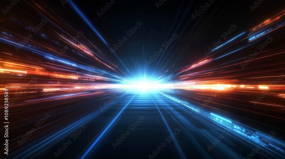 Futuristic Sci-Fi Digital Art with Bright Blue and Orange Colors on Dark Background, Light and Energy Movement Concept. Futuristic Sci-Fi Digital Art with Bright Blue and Orange Colors on Dark Background, Light and Energy Movement Concept.