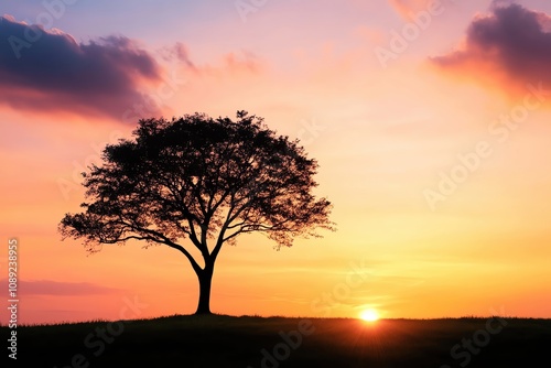 Silhouette of a tree against a stunning sunset backdrop.